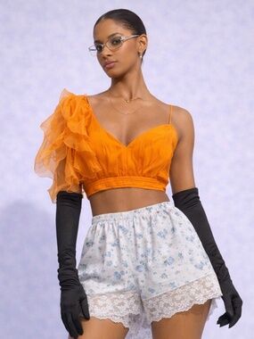 Cropped Pleated Organza One-Shoulder Top with Crystal Detail